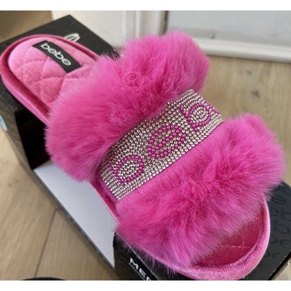 BEBE WOMEN'S SLIPPERS SIZE 8 PINK FAUX FUR RHINESTONE LOGO MEMORY FOAM New